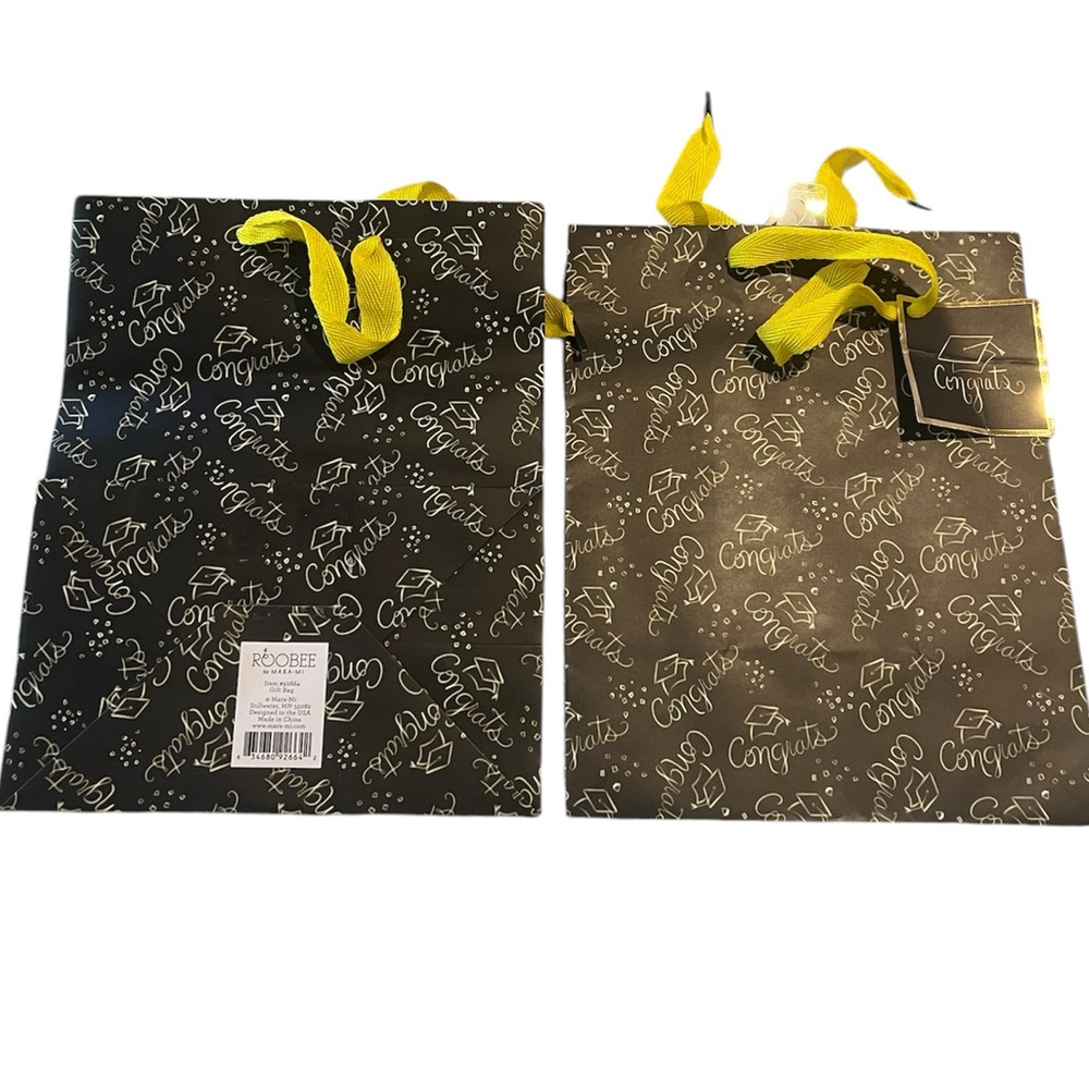 Two Black & White with yellow handle Congrats gift bags